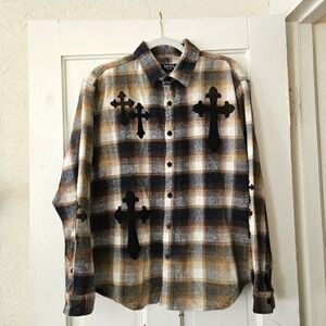 BoohooMAN Cross Applique Bleached Flannel Shirt Men's Size Medium